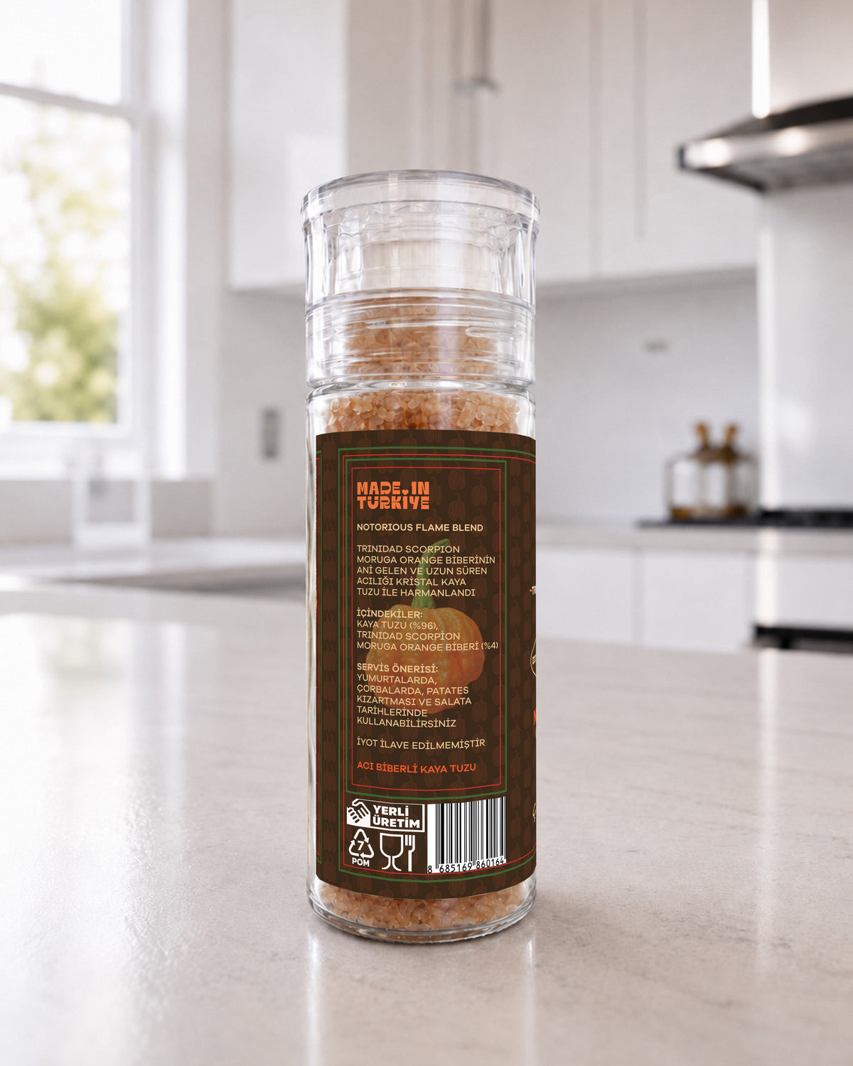 Acı Tuz Trinidad Scorpion Moruga Orange – arka etiket, içindekiler ve barkod – çokacıolmuş