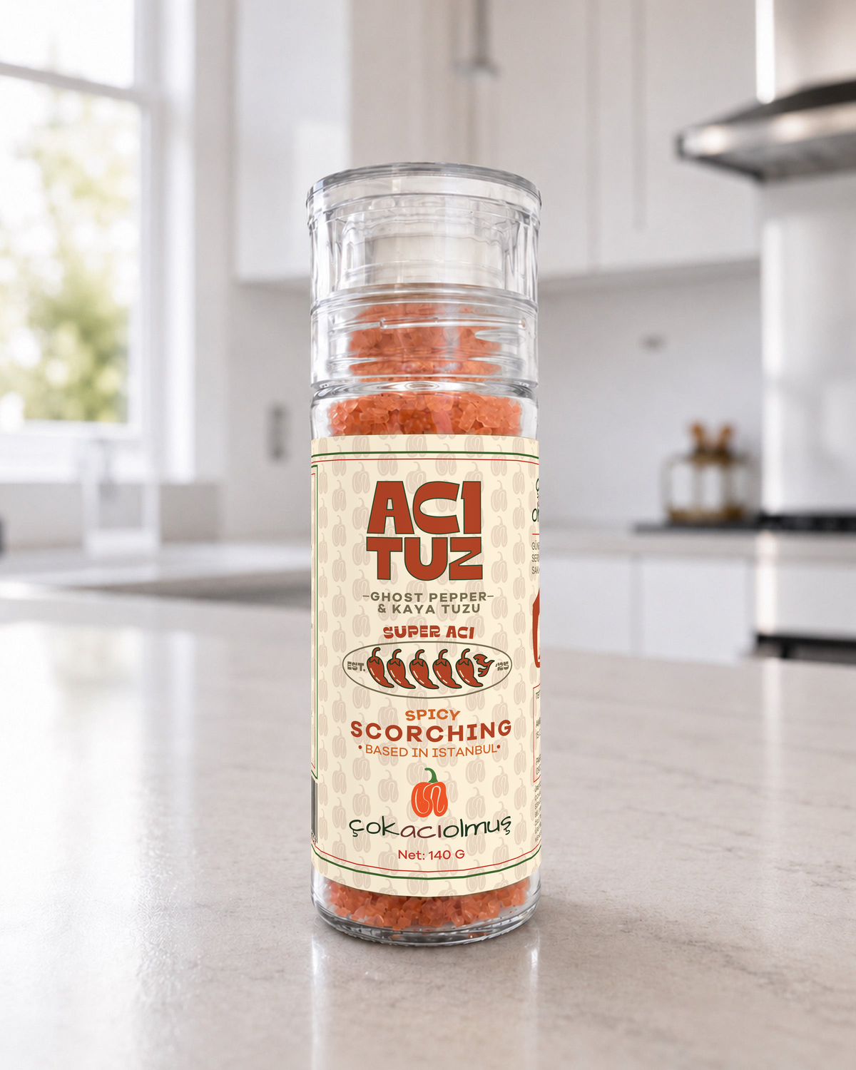 Acı Tuz Ghost Pepper – acı biberli kaya tuzu, şişe ön yüz – çokacıolmuş