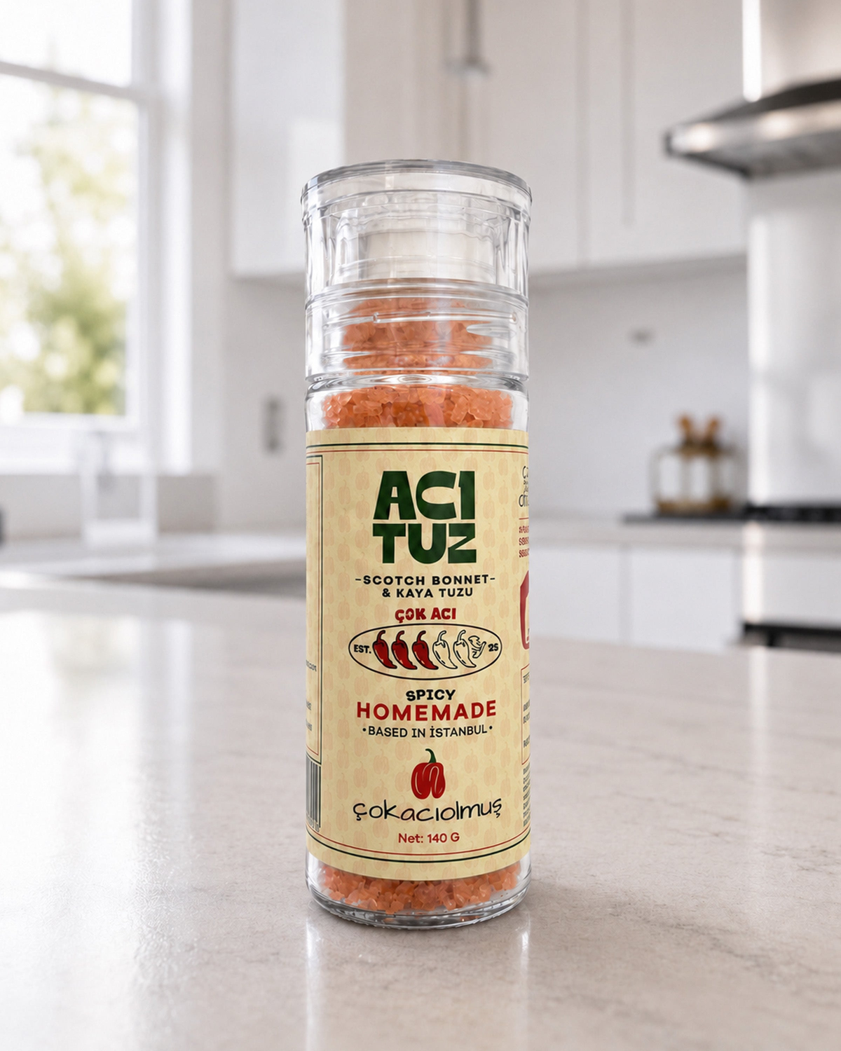Acı Tuz Scotch Bonnet – acı biberli kaya tuzu, şişe ön yüz – çokacıolmuş