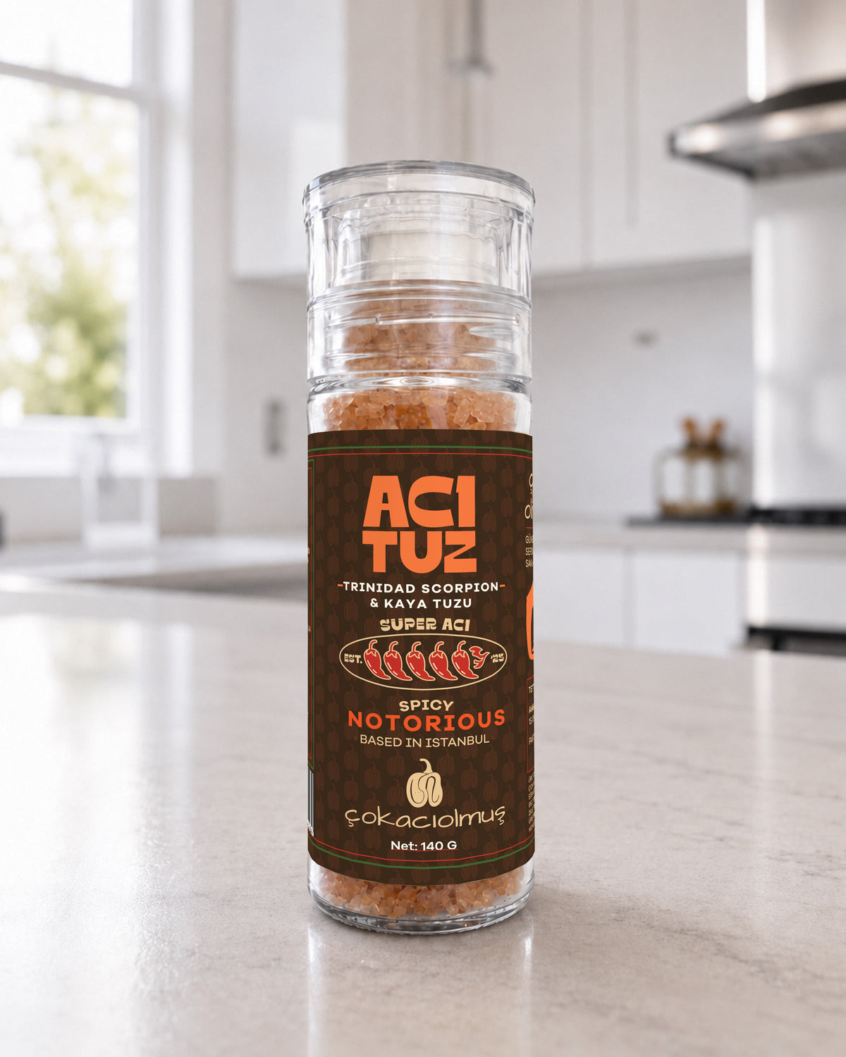 Acı Tuz Trinidad Scorpion Moruga Orange – acı biberli kaya tuzu, şişe ön yüz – çokacıolmuş